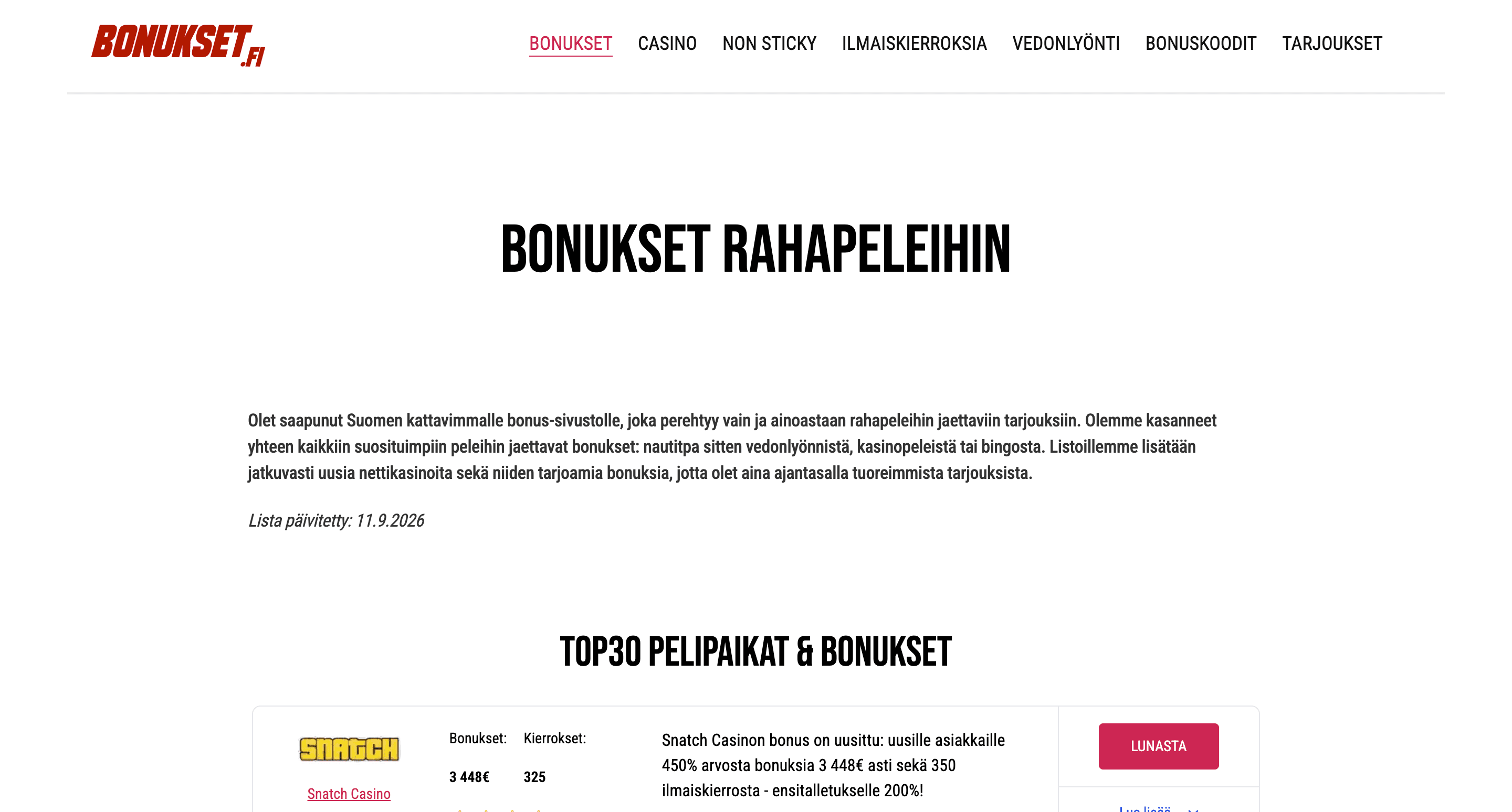 Homepage screenshot of bonukset.fi