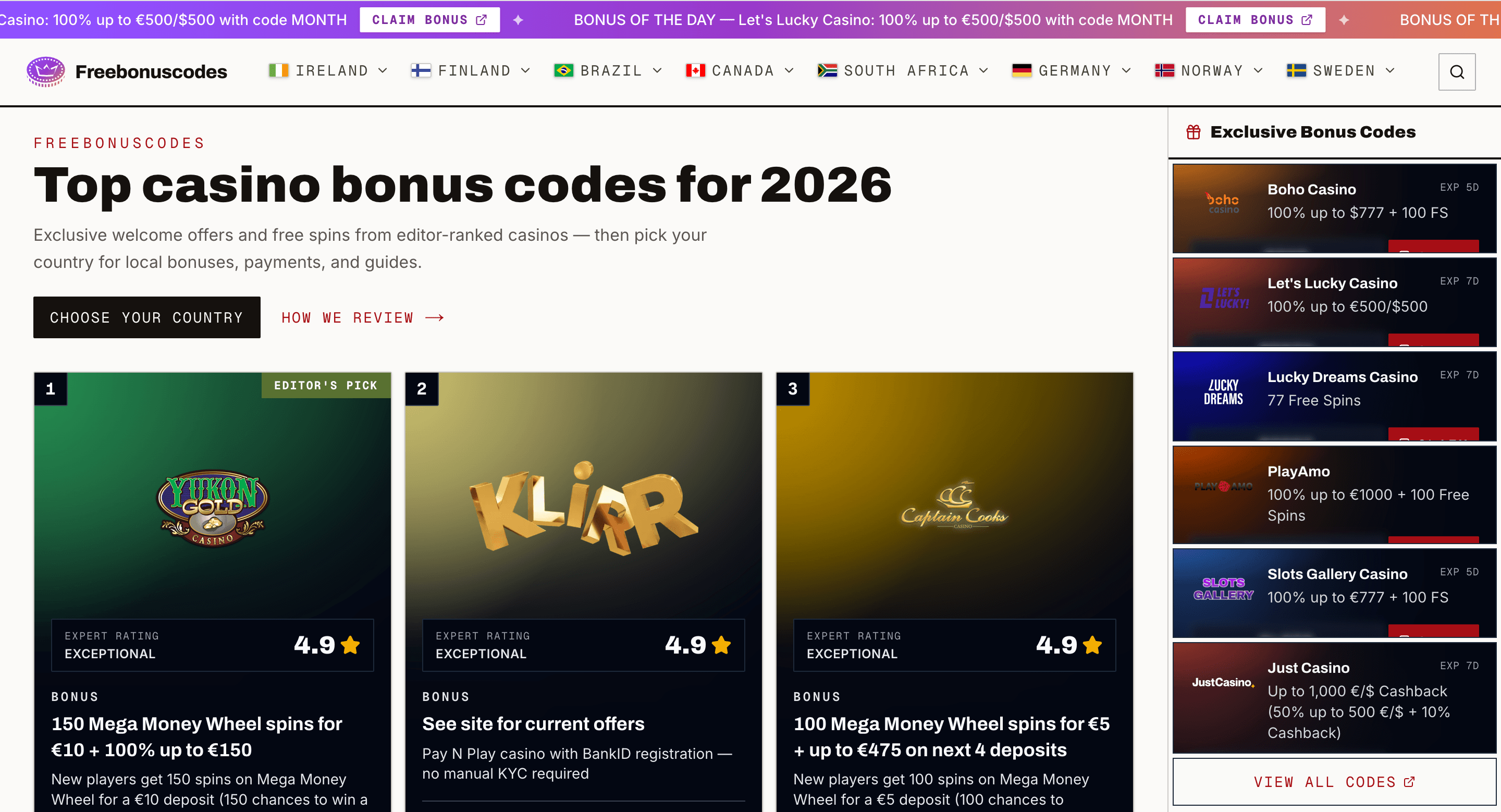 Homepage screenshot of freebonuscodes.com