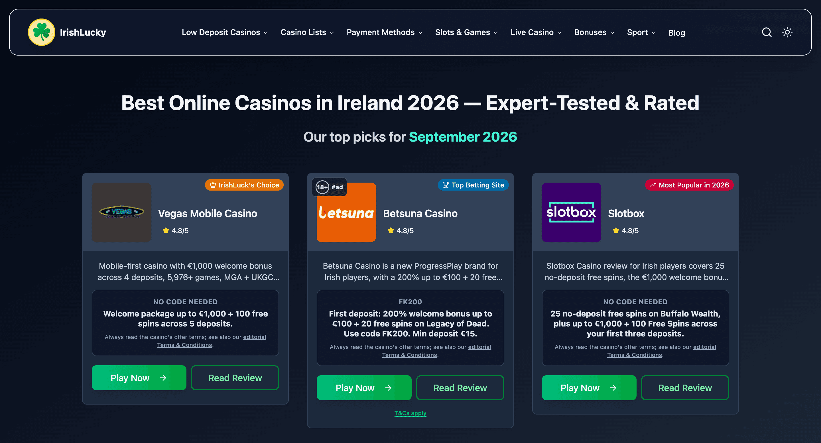 Homepage screenshot of irishlucky.com
