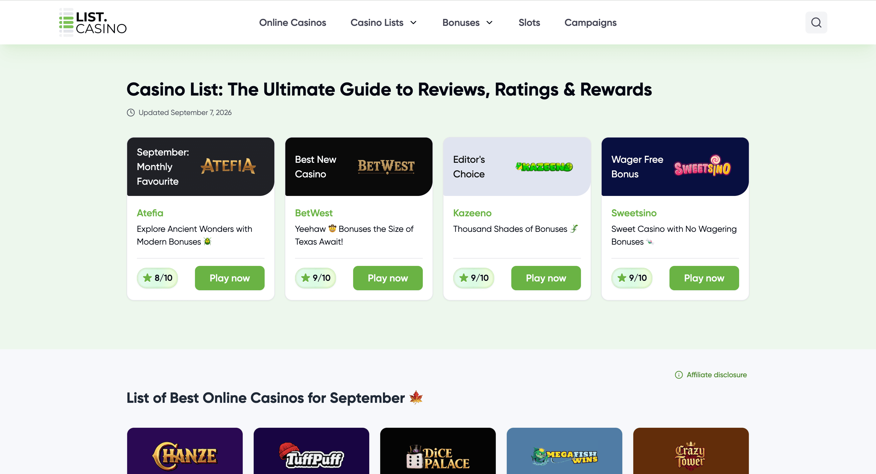 Homepage screenshot of list.casino