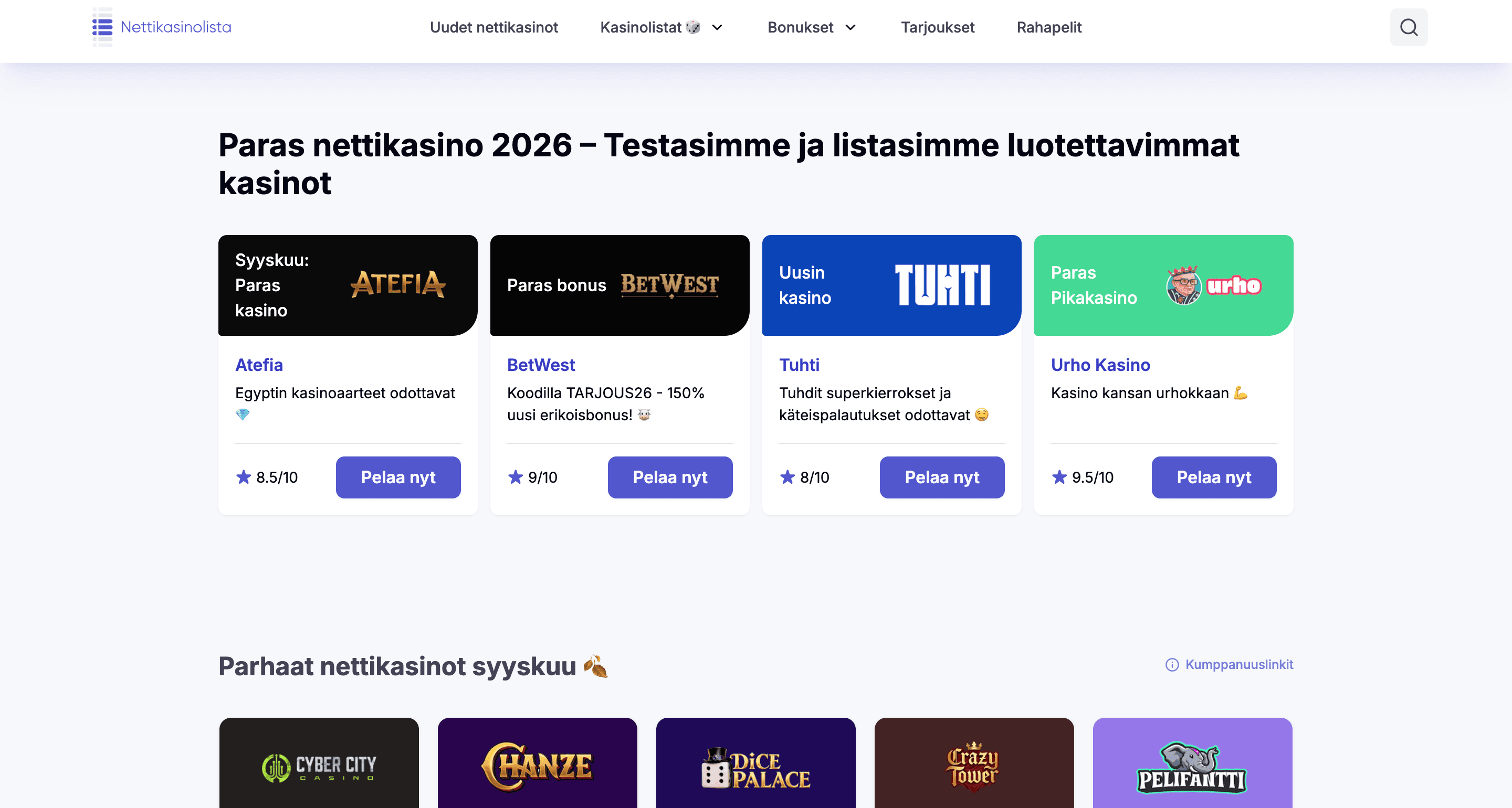 Homepage screenshot of nettikasinolista.com