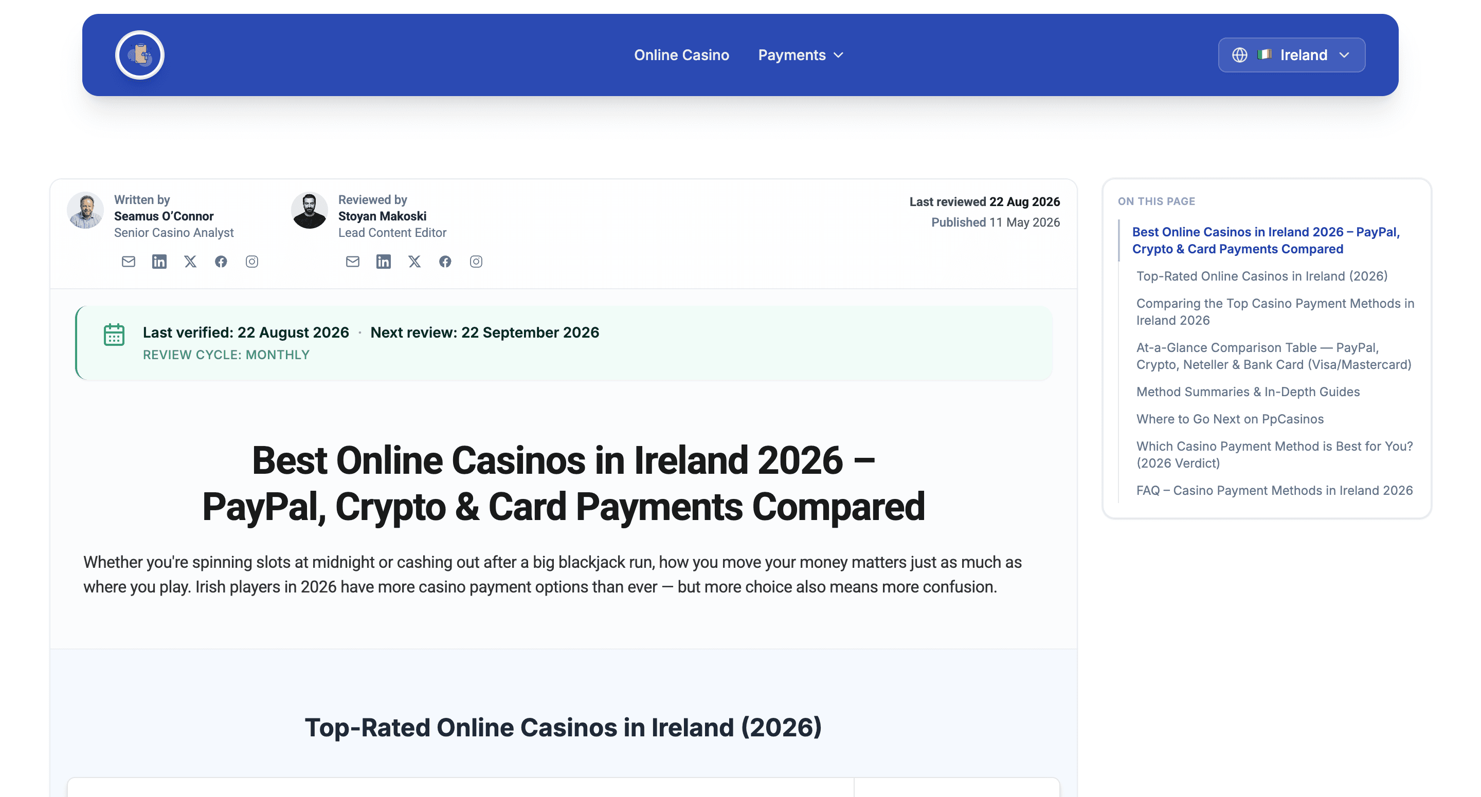 Homepage screenshot of ppcasinos.co